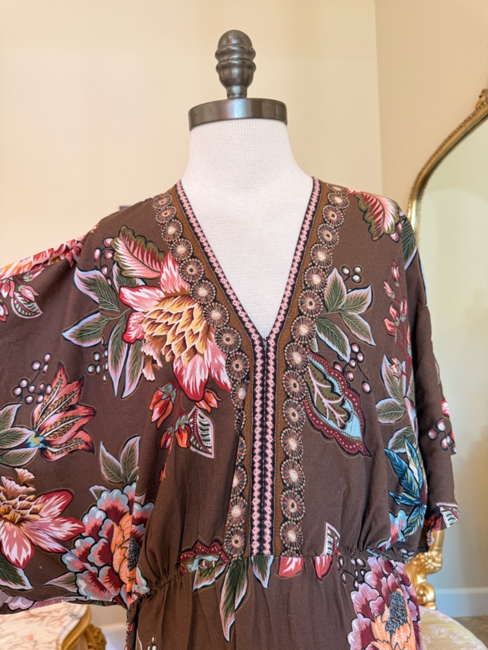 FARM Rio Brown Floral V-Neck Maxi Dress with Multicolor Blooms - Picture 5 of 16